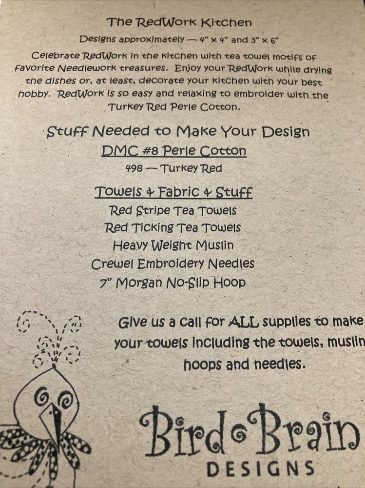 Bird Brain Traceable Embroidery Pattern - The Redwork Kitchen Towels