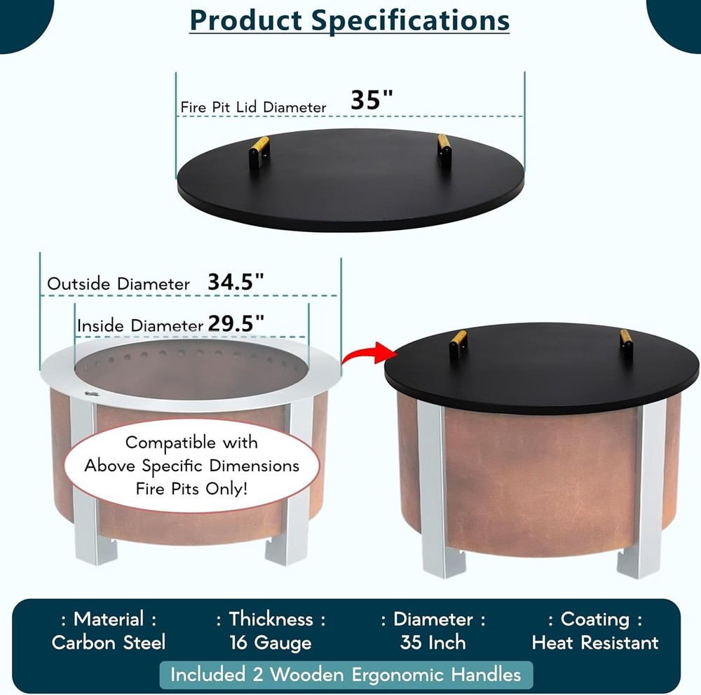 FEBTECH 35" Fire Pit Cover Round - Recommended for 34.5" Smokeless Fire Pit