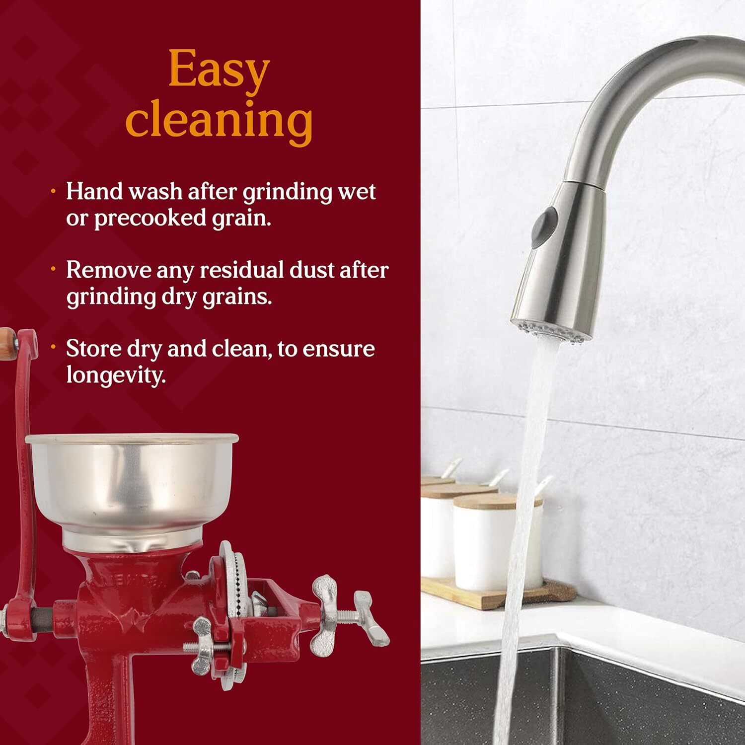 Red Cast Iron Manual Crank Corn Grain Grinder 14" Tall & 5" Hopper