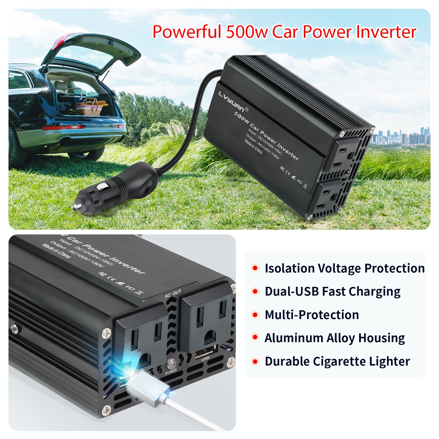 500W Power Inverter DC 12V to 110V AC Car Plug Adapter Outlet Converter for Car