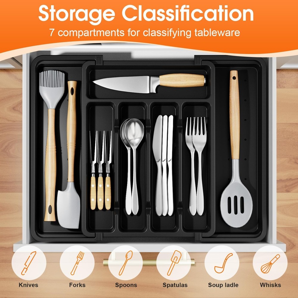 SpaceHacks Silverware Organizer，Adjustable & Expandable Utensil Medium, Black