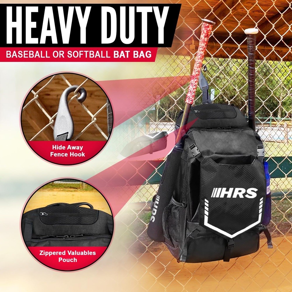Hit Run Steal Bat Bag Backpack Holds 4 Bats Gloves Helmet and Cleats Black