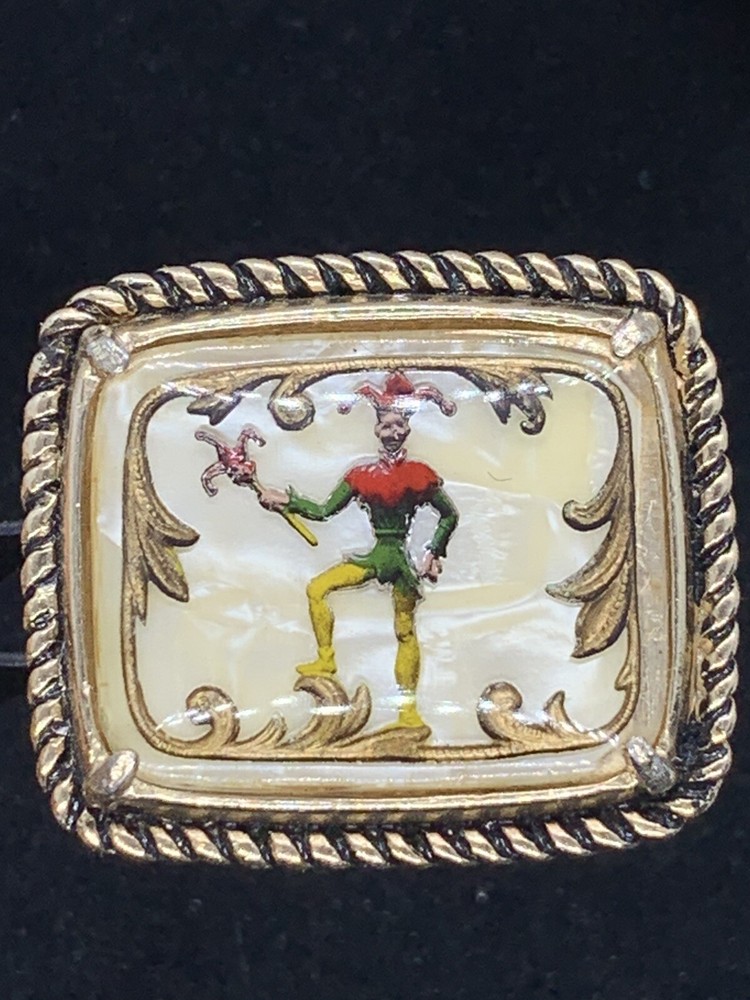 Vintage Rare Tie Clip MOP Clown Rectangle Gold Tone