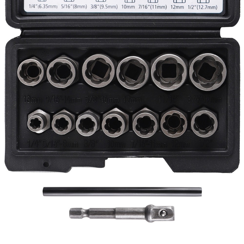 15PC Impact Bolt Nut Remover Extractor Socket Tool Set for Damaged Rusted Frozen