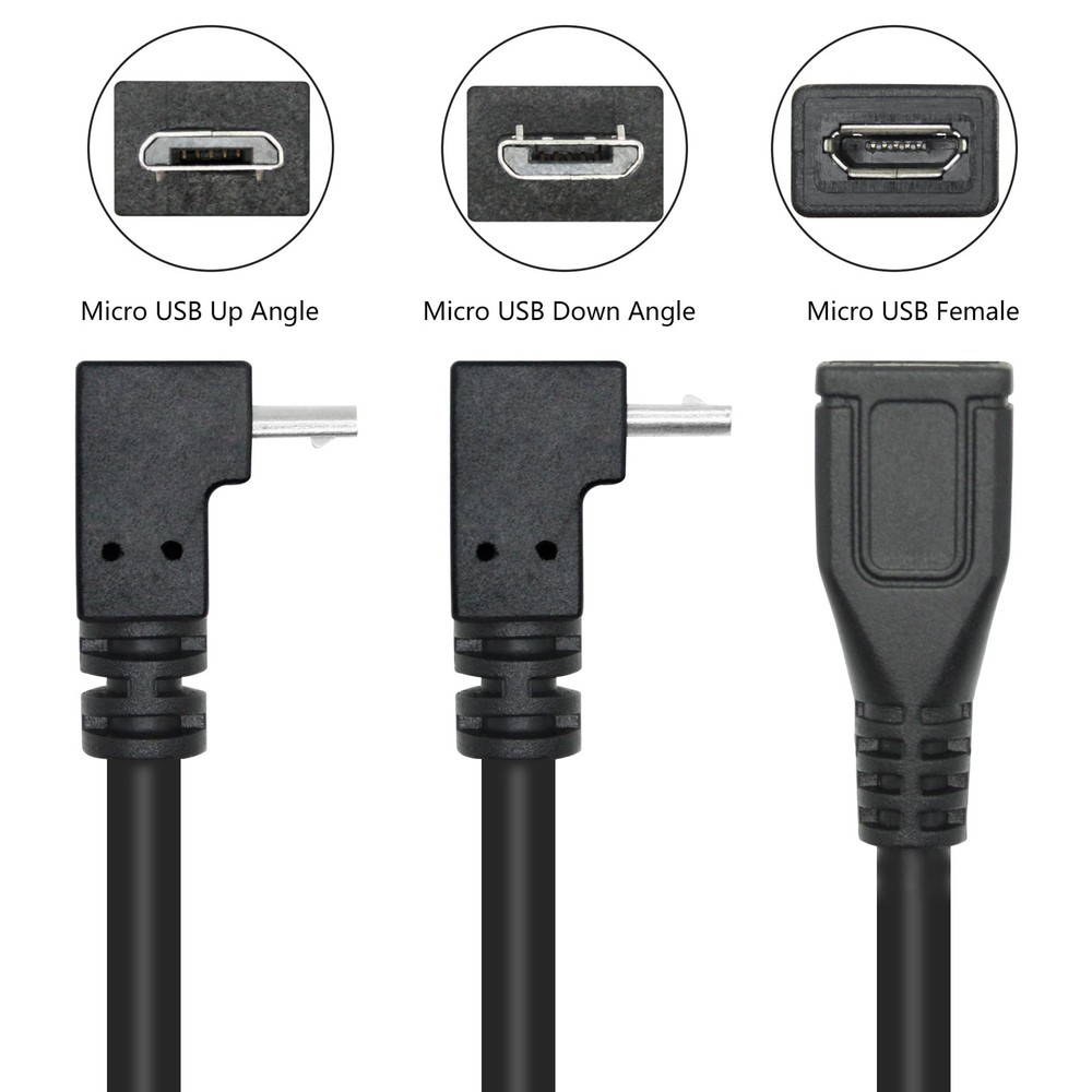 Short Micro USB Extension Cable 9inch, 90 Degree Up & Down Angle Black
