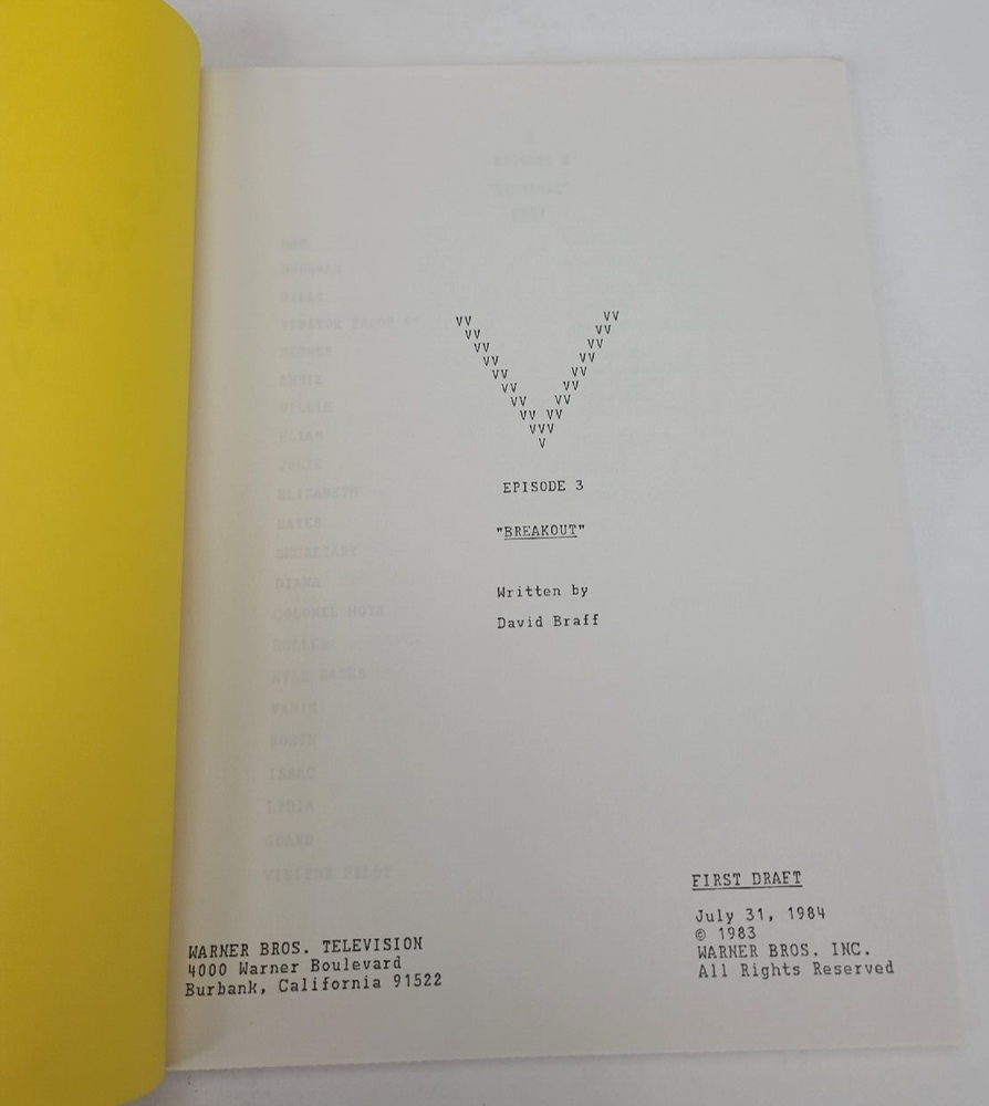 V / David Braff 1984 TV Script, Michael Wright & Robert Englund "Breakout"