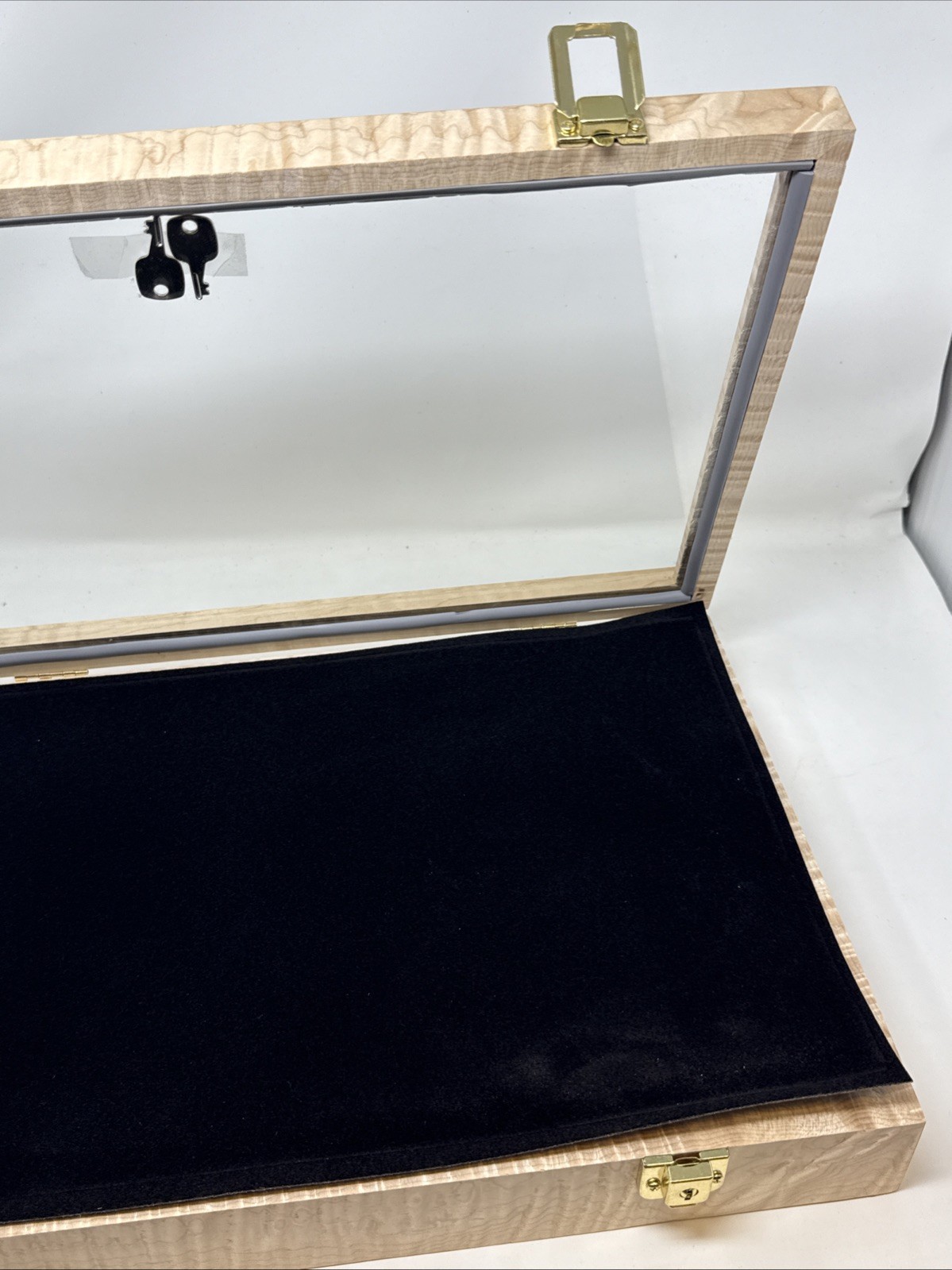 Curly Maple Wood Display Case 12 x 18 x 3” Black Liner for Arrowheads or Knives