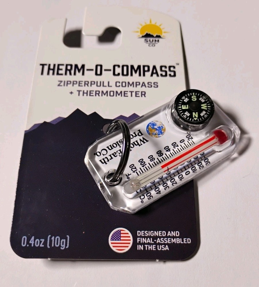 Sun Co Therm-O-Compass, Whole Earth, Thermometer & Compass Combo, Zipperpull