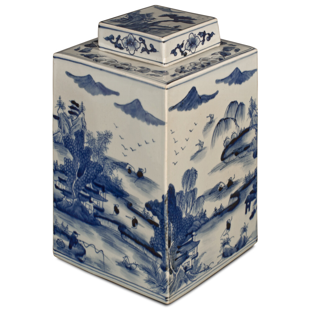 US Seller - Blue and White Porcelain Scenery Chinese Tea Jar