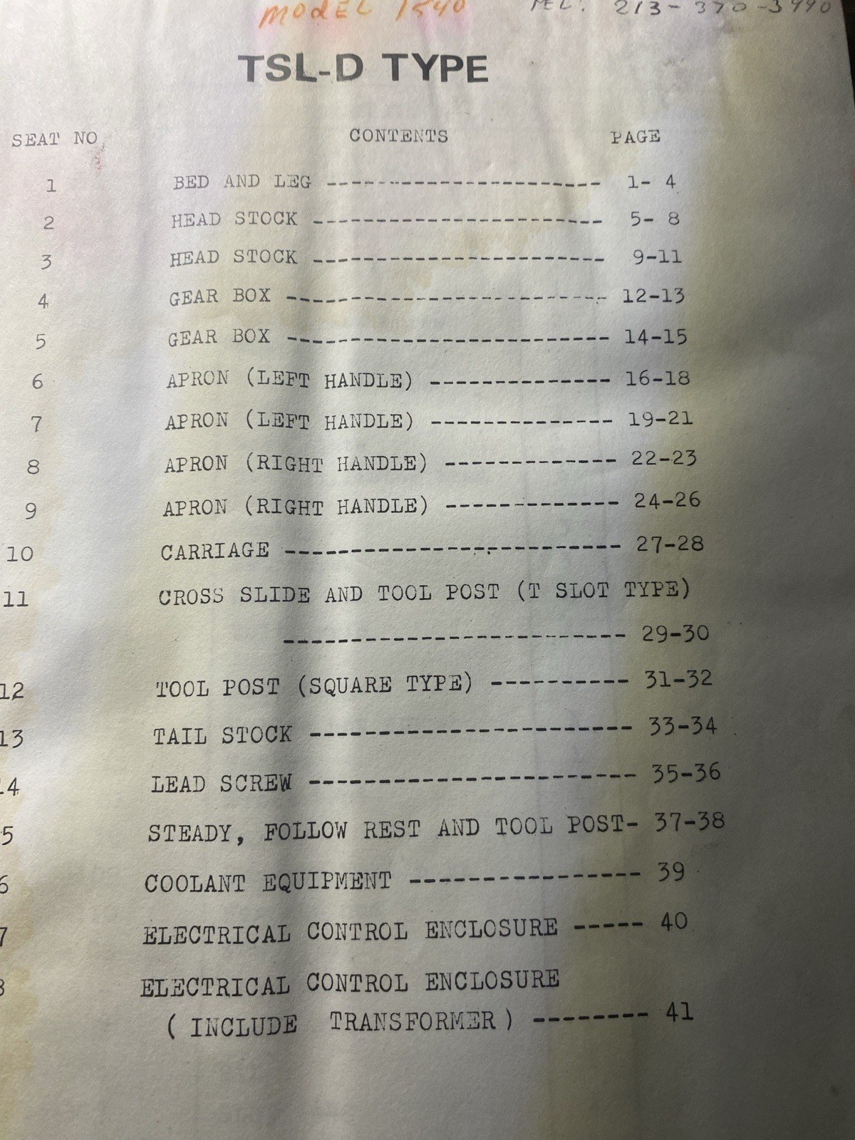 Takisawa TSL-D Lathe Parts List