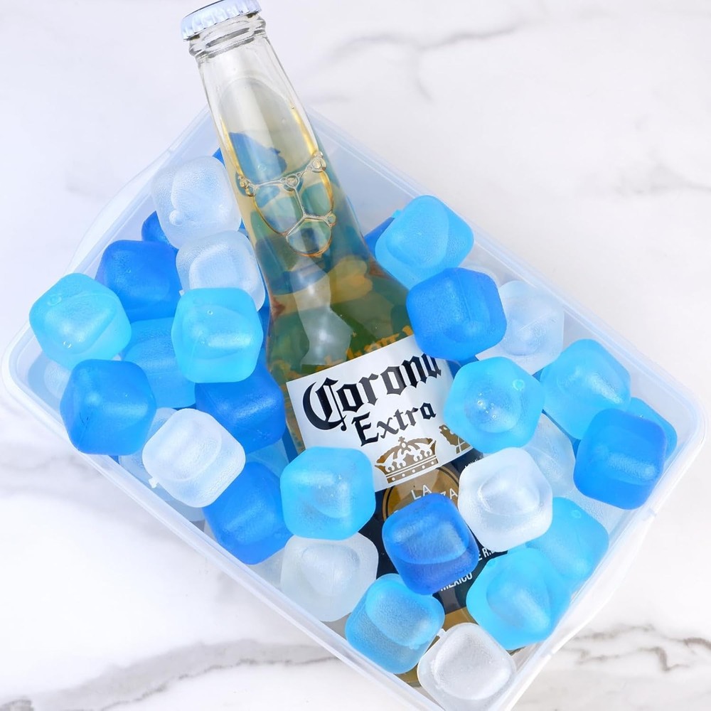 Reusable Ice Cube with Lid & Bin, 60 Pack Plastic White & Blue - 60