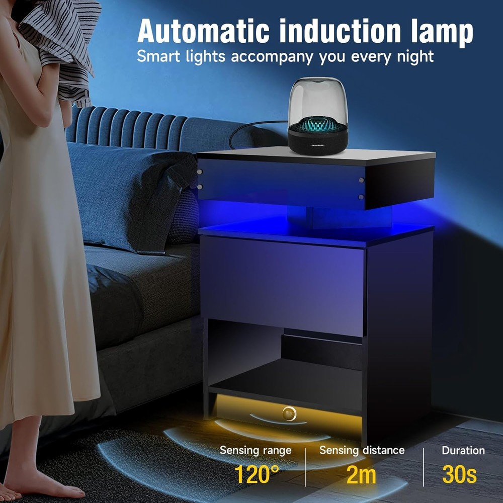 2 Pack Bedside Table with LED Light USB Charging
