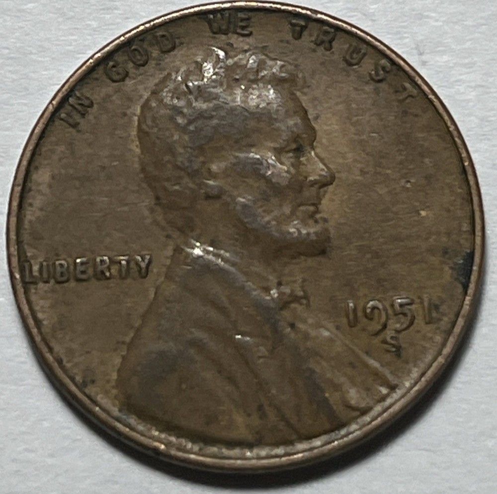 1951 S Lincoln Penny Error Misplaced Mint Mark Error