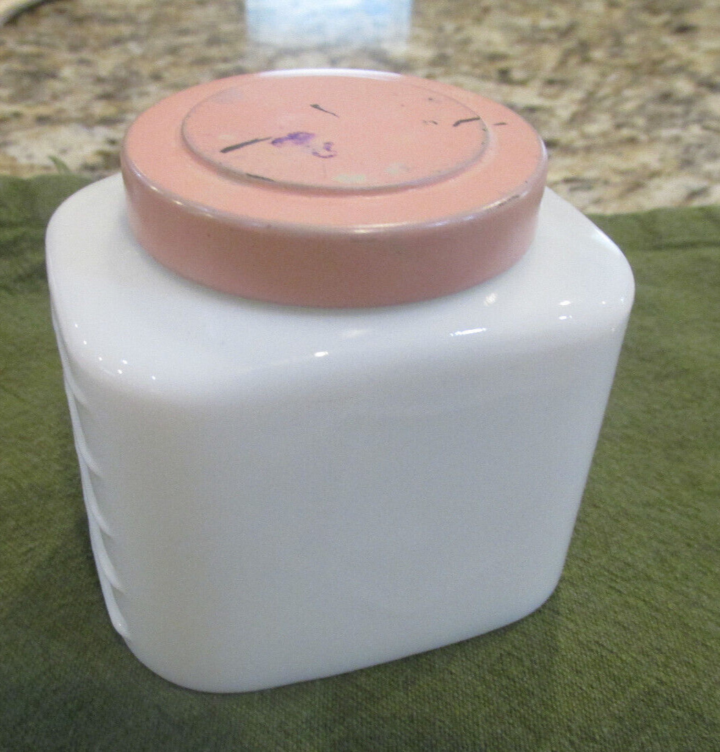 VINTAGE JOHNSON &  JOHNSON MILK GLASS BABY CREAM JAR WITH PINK LID