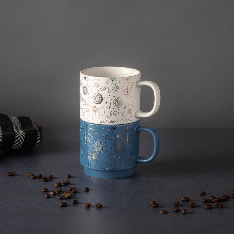 Stacking Celestial Mugs Set 2 Cosmic Pattern Stoneware Coffee Tea Cups New