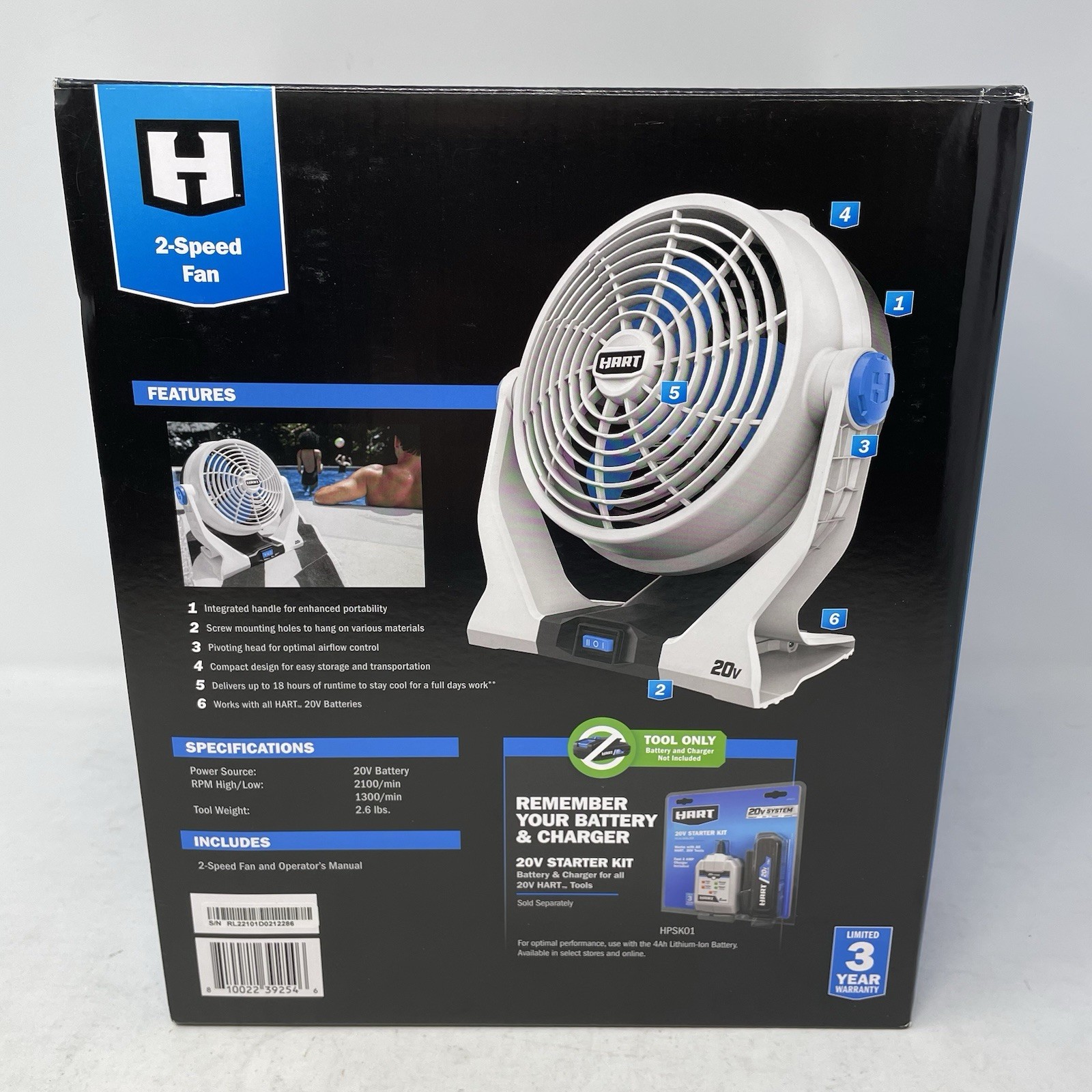 HART 20V Volt Cordless 2-Speed 7.5" Fan HPCF01 *Tool Only*