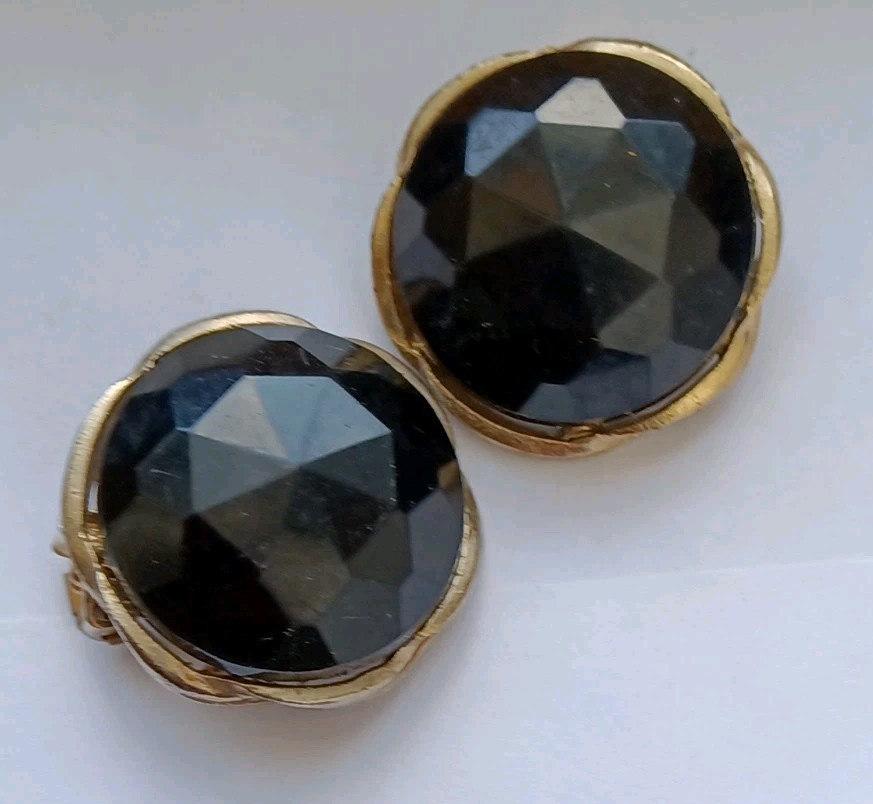 Large Black Multifaceted Clip On Earrings
