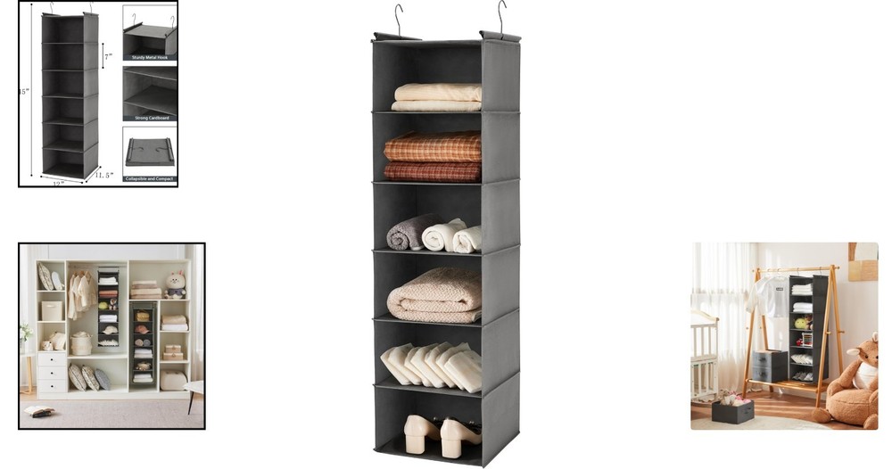 6 Tier Foldable Hanging Closet Organizer with Strong Hooks for Efficient Storage