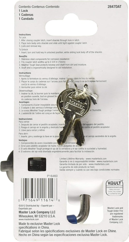 Master Lock Trailer Lock, Stainless Steel Adjustable Coupler Latch Lock, 2847DAT