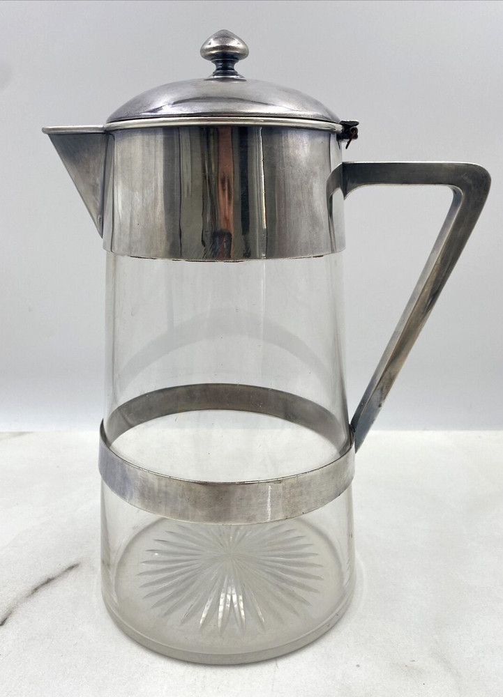 Elkington & Co Coffee Decanter Pitcher Sterling Silver Plate Clear Glass MCM