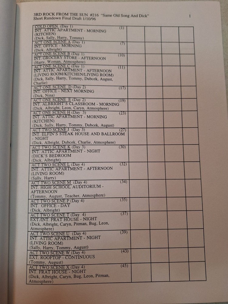 3RD ROCK FROM THE SUN 1997 TV Script "Same Old Song And DICK"