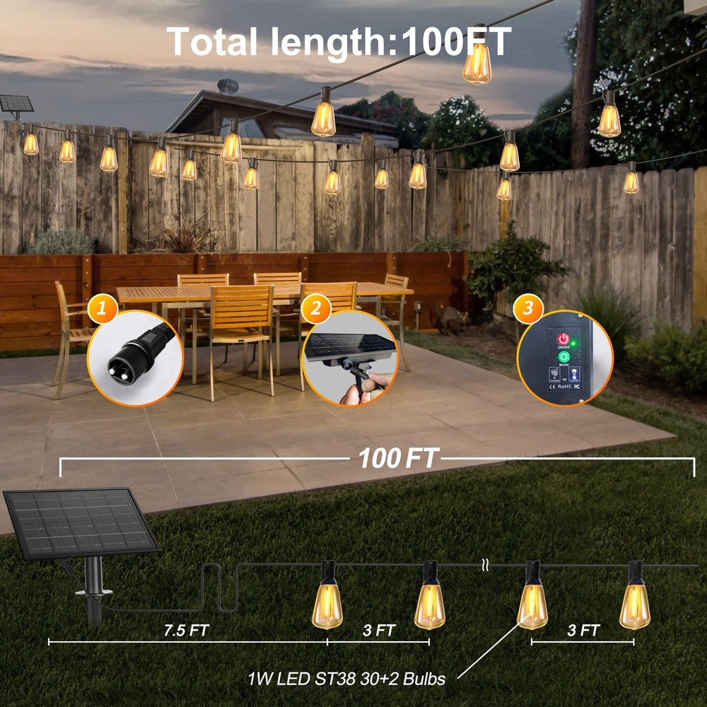 100FT Solar String Lights Outdoor Waterproof with Remote Control Solar Patio