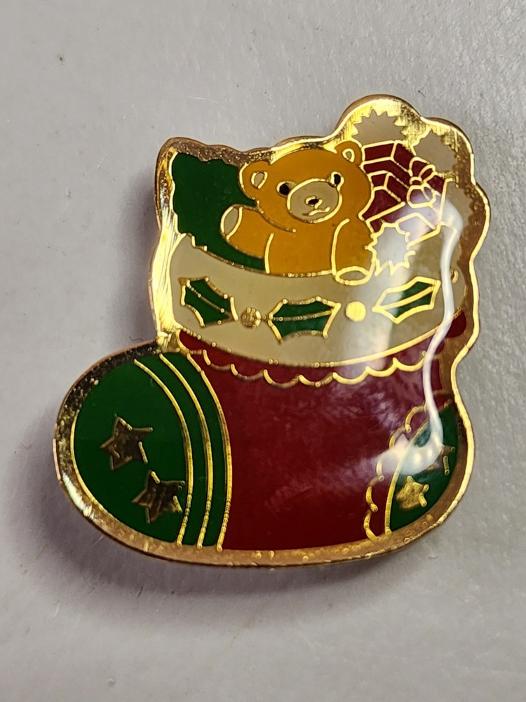 Vintage Christmas Holiday Costume Enameled Bear Stocking Pin