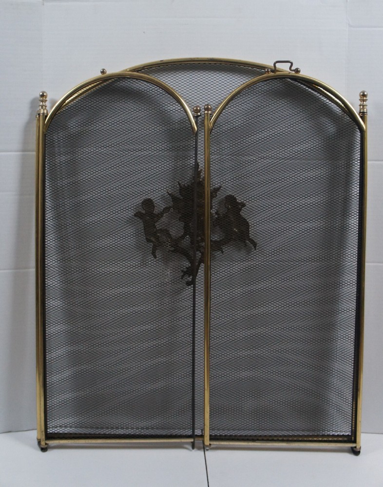 Antique Brass & Mesh 3 Panel Cherub Folding Fireplace Screen Hearthware 50"