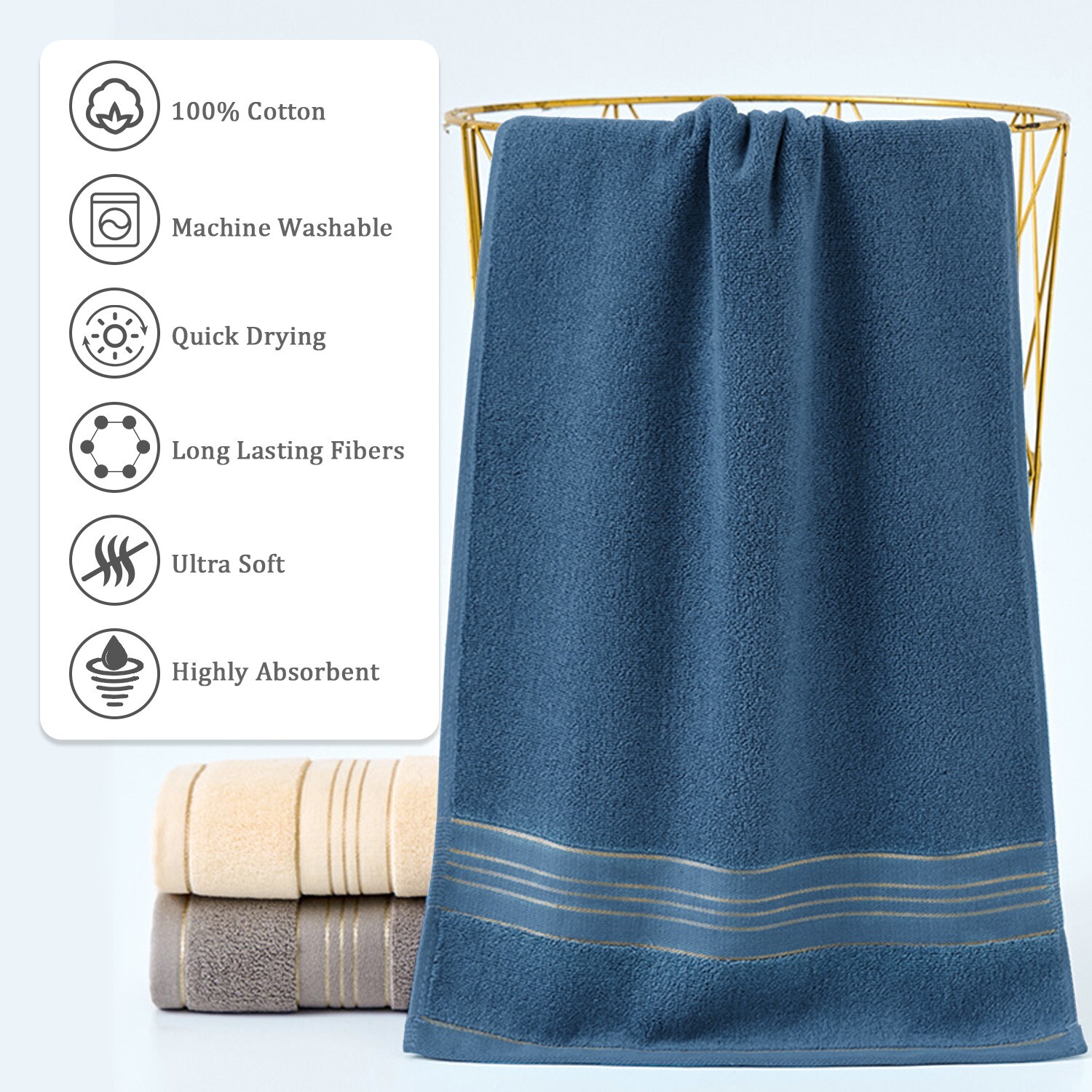100% Cotton Premium Soft Towel 3PCS Soft Gold Luxury Absorbent Face Cloth Bath
