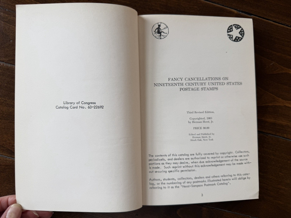 19th Century US Fancy Cancellations HERST JR SIGNED 3rd Edition 1963 HC