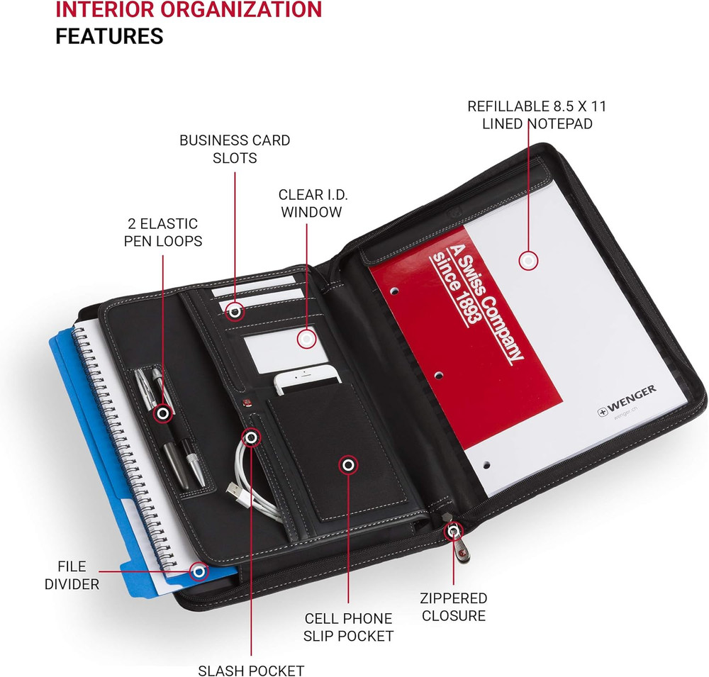 Concept Zippered Padfolio, Padded Document Organizer, Black