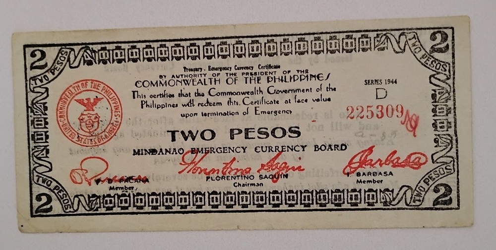 1944 Philippine Guerrilla WW2 Mindanao 2 Pesos Note