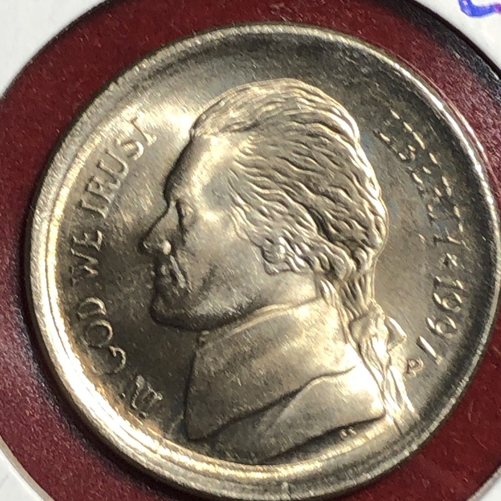 1997 jefferson nickel Error Broadstrike + Partial Collar Full Steps Gem Bu