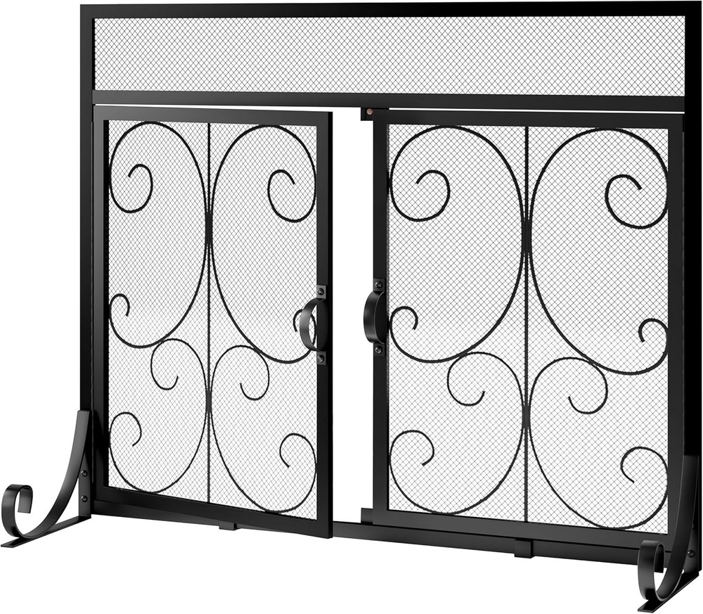 Large Flat Fireplace Screen W/ Doors Wrought Iron Frame W/ Metal Mesh Flat Panel