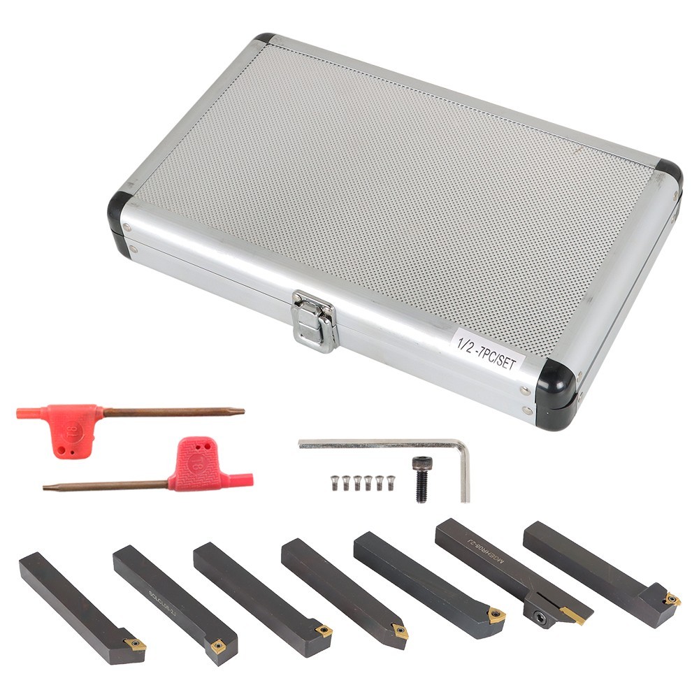 7Pcs Carbide Indexable Turning Tool 1/2" Lathe Tool Bit Thread Insert+Holder Kit