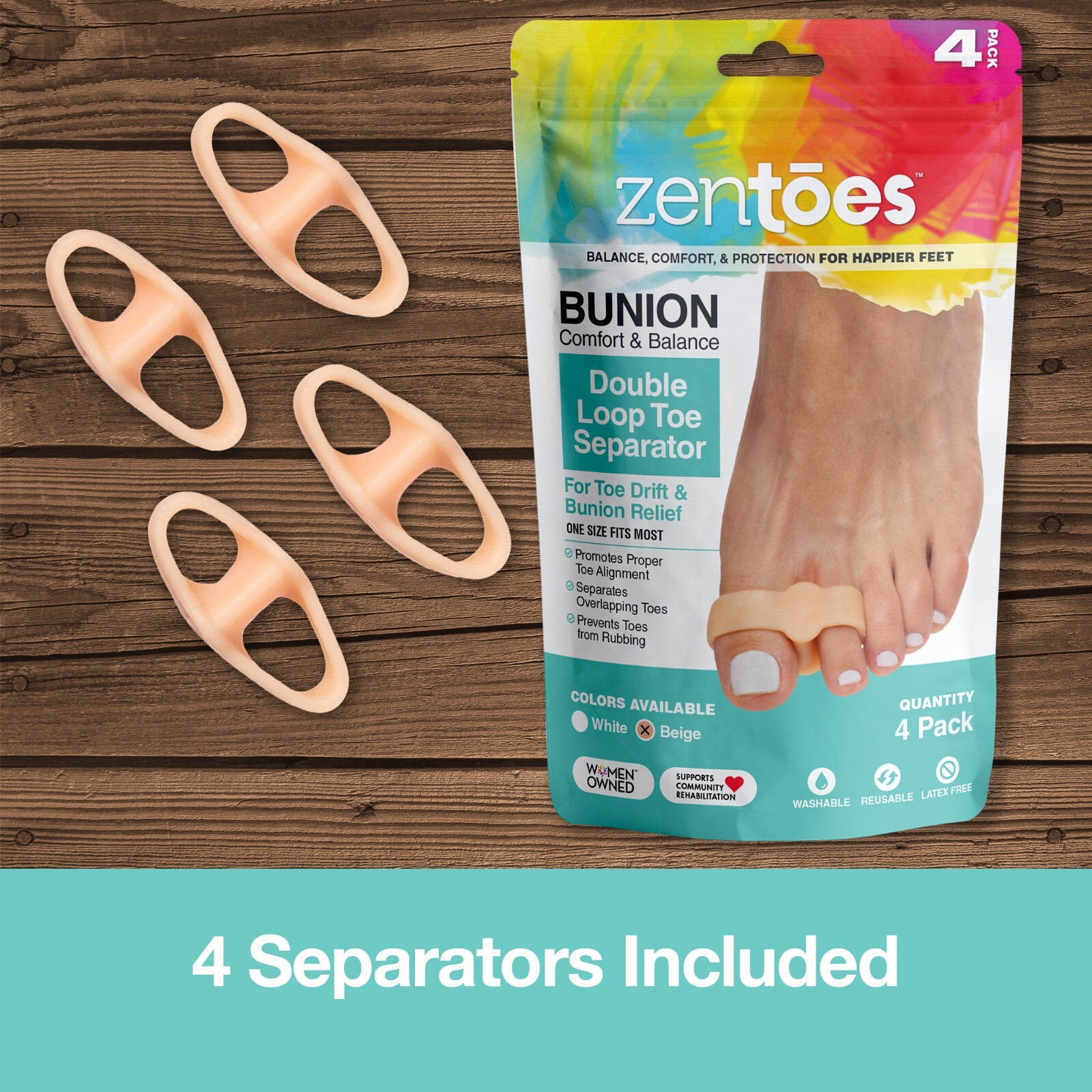 ZenToes Bunion Corrector Double Loop Silicone Gel Toe Separators Spacers 4 Count