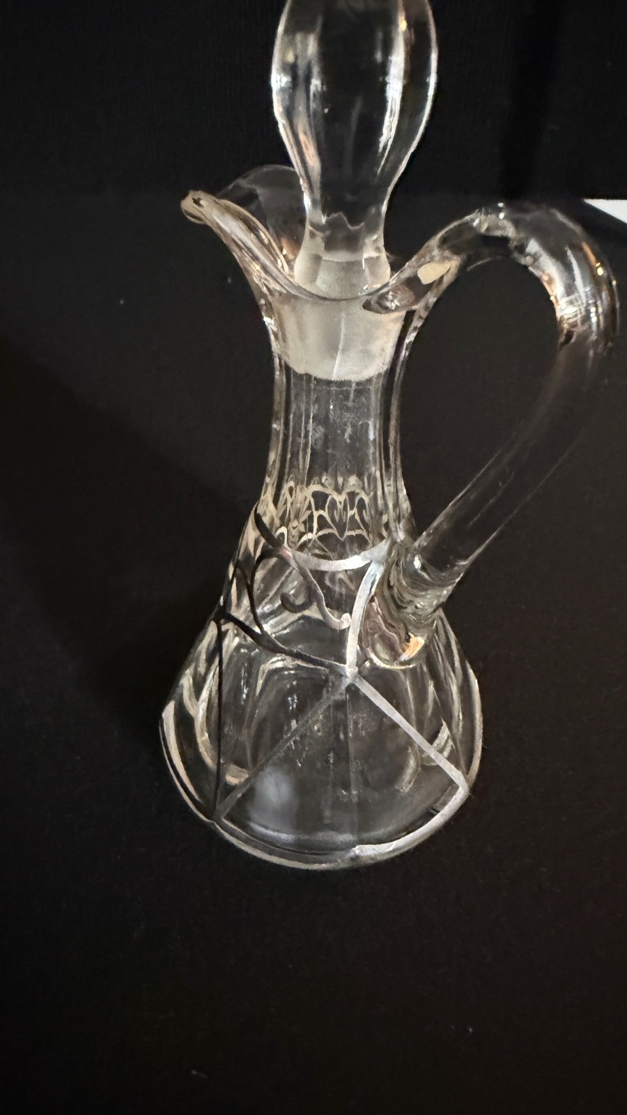 Antique Art Nouveau Sterling Overlay Glass Cruet Bottle w Stopper 6.5"