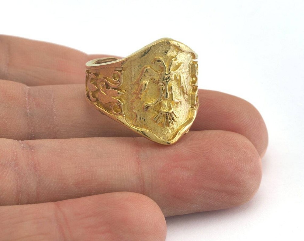 Double Head Eagle Logo Adjustable Ring Raw Brass (20mm 10US inner size) 721