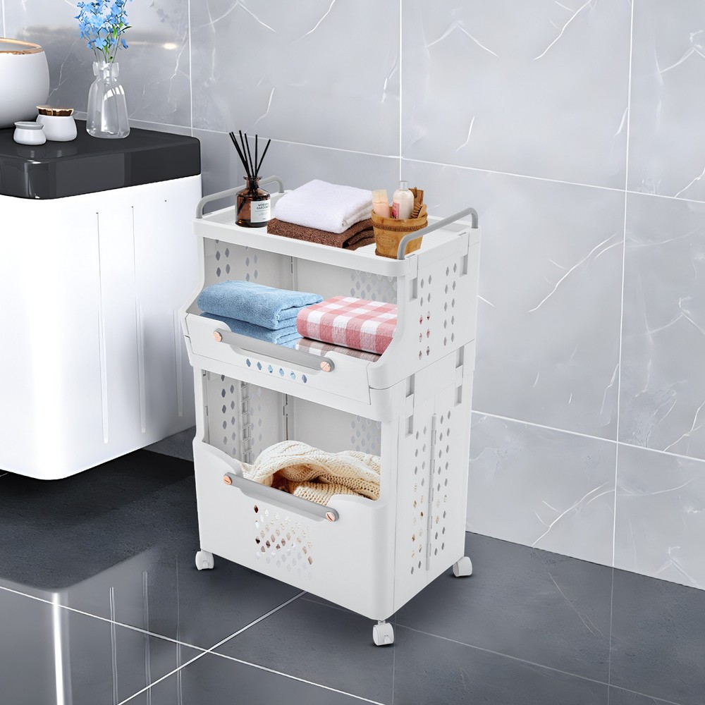 2-tier Movable Laundry Basket Laundry Hamper w/ Wheels Laundry Stackable Basket