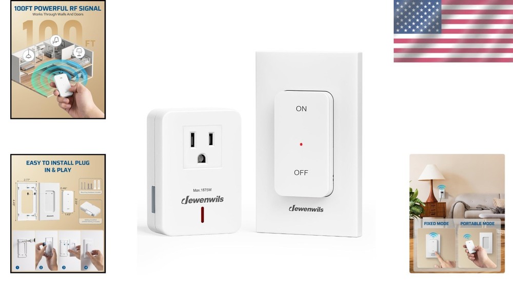 Wireless Remote Light Switch - 15A Outlet with 100FT RF Range & Magnetic Base