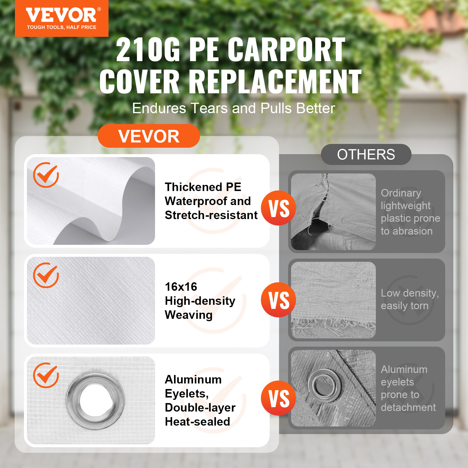 VEVOR 10 x 20 ft Carport Replacement Canopy Car Shelter Tent Cover White