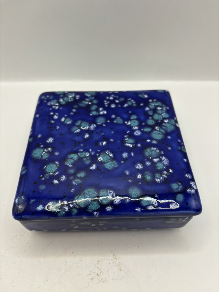 Ceramic Trinket Box Blue Design 4” Square