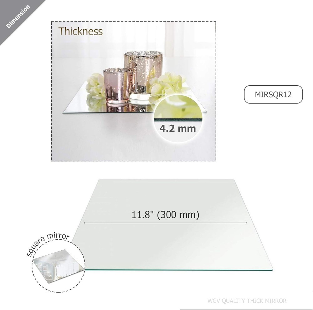 WGV Large Square Mirror Plate 12" Width, 4.2 mm Thickness, Frameless Sanded E...