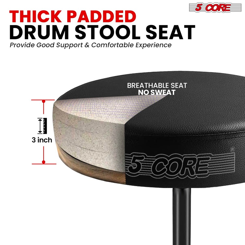 5 Core Drum Throne 3" Padded Comfortable 330Lb Capacity Drummer Stool Adjustable