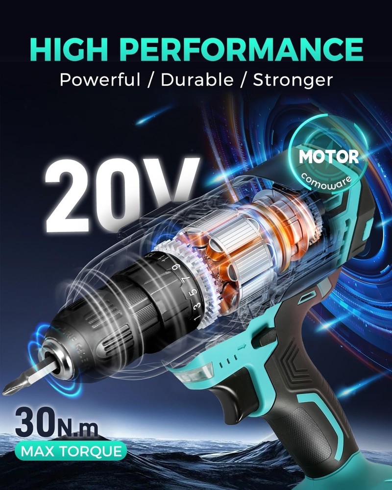 Powerful 20V Cordless Drill with Keyless Chuck & LED Light for Precision Work