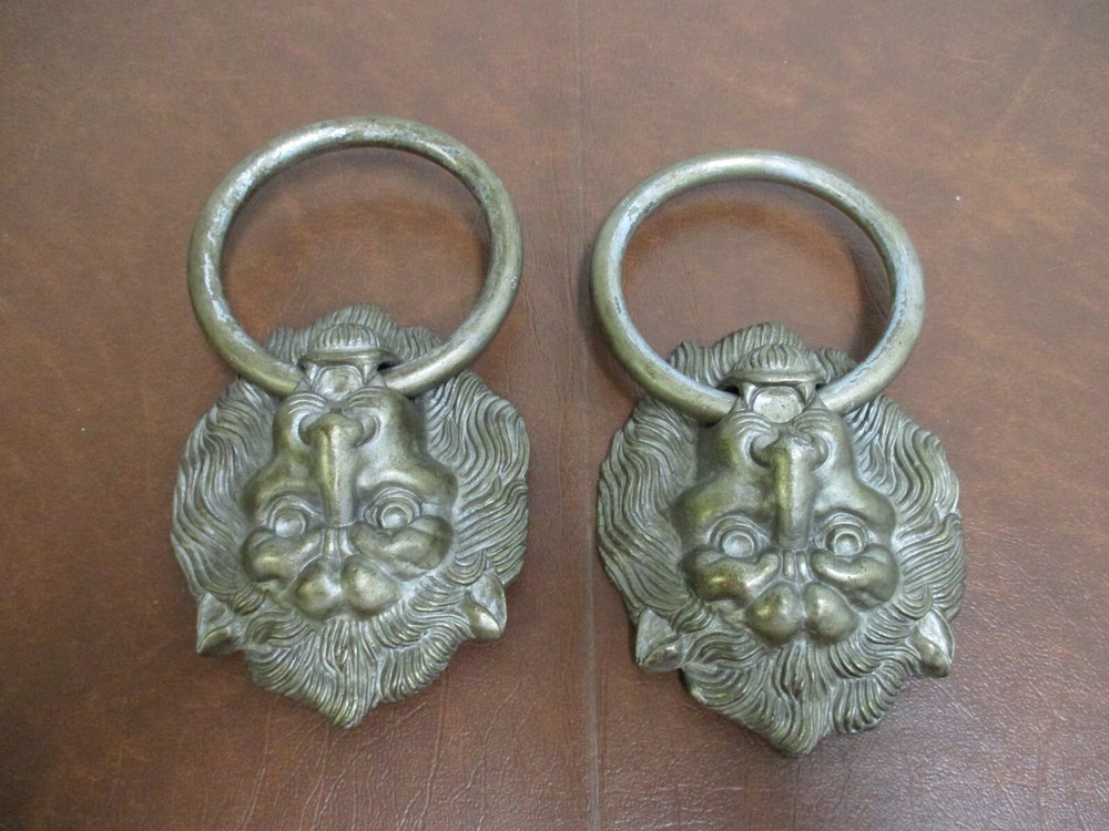 2 Vintage Large Brass Lion Head Drawer Pulls Knobs handles