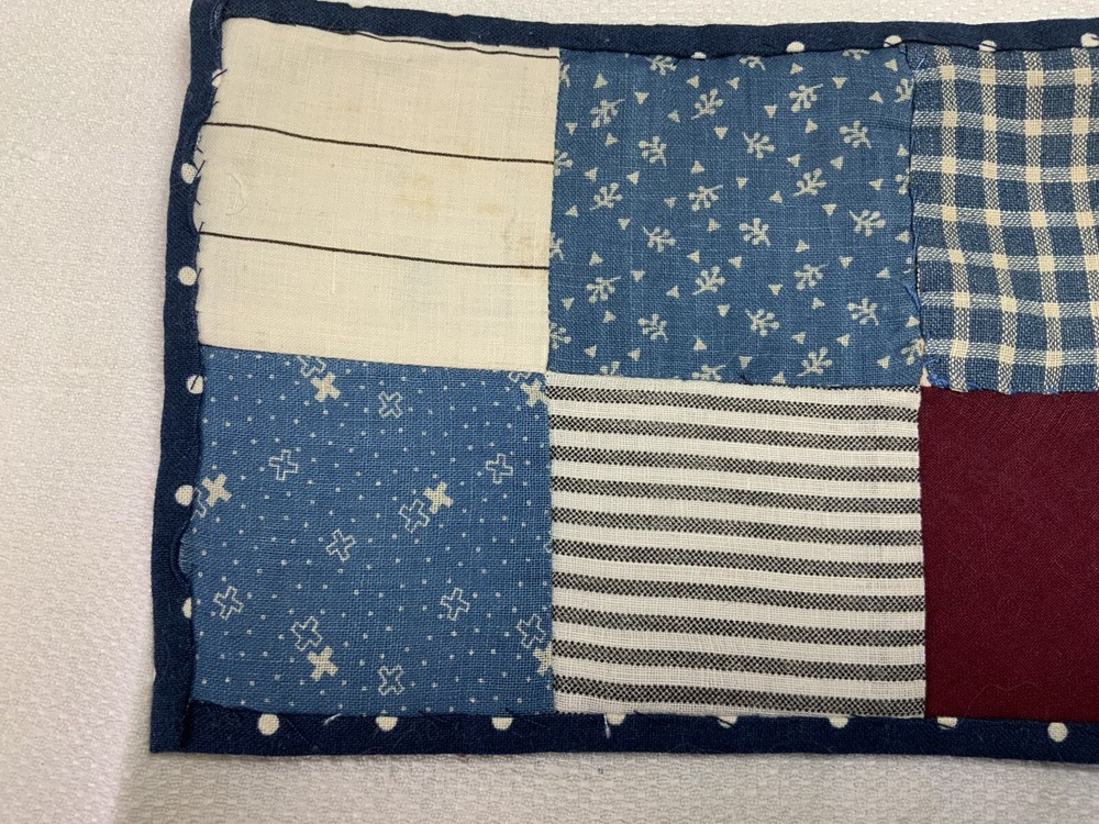 Patchwork Quilt Small Table Topper, Four Patch, Blue Calico Prints, Off White