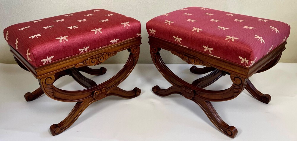 Empire Cross Stretcher Carved Walnut Ottoman / Stool