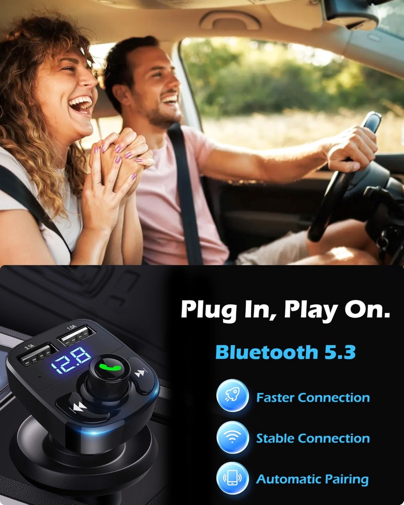 Bluetooth FM Transmitter, Wireless 5.3, Dual USB Ports | Handsfree Car Charger