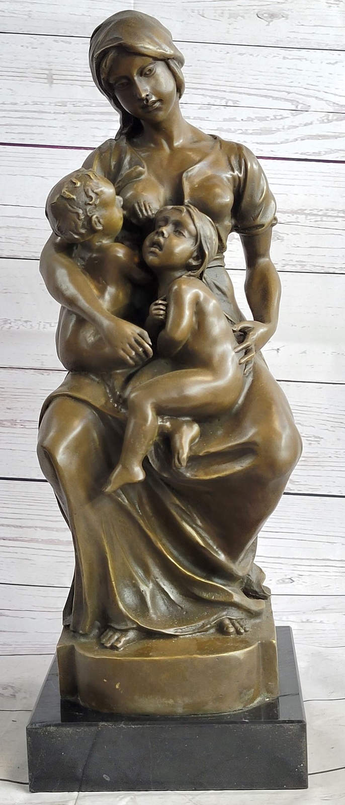 Semi Nude Bronze Sculpture Mother Breastfeeding Twins Signed Art Statue Decor